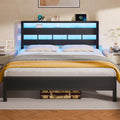 Full Size Black Oak Bed Frame with Storage Headboard and Charging Station P916