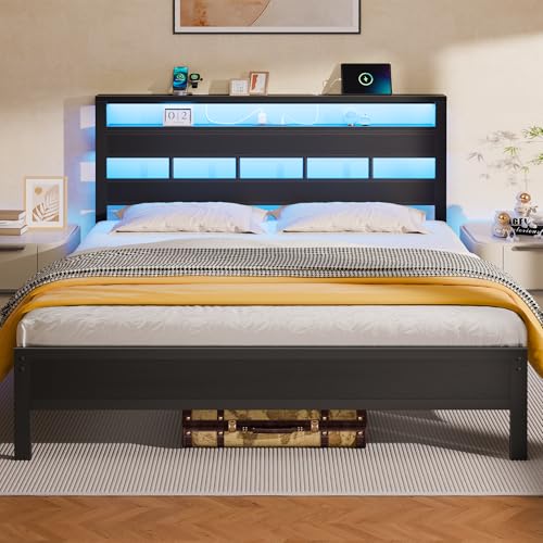 Full Size Black Oak Bed Frame with Storage Headboard and Charging Station P916