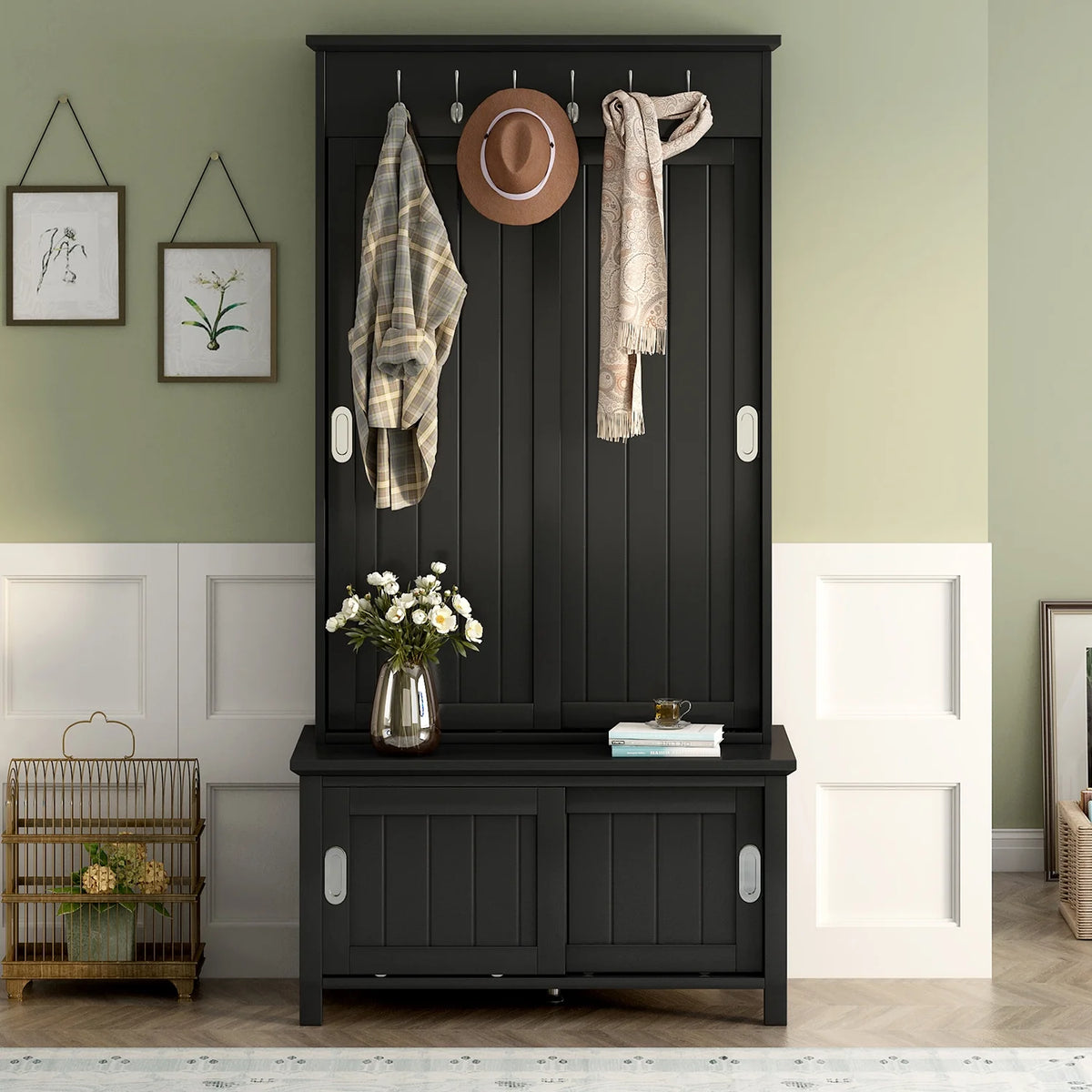 Black Wooden Hall Tree with Bench and Shoe Storage E835118