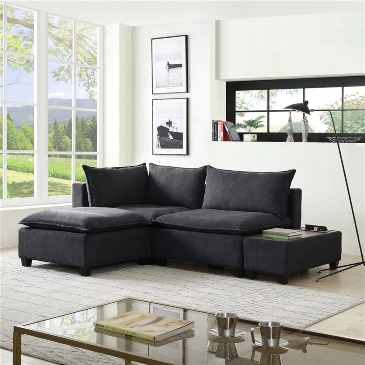 Dark Gray Fabric Sectional Loveseat Ottoman Y615