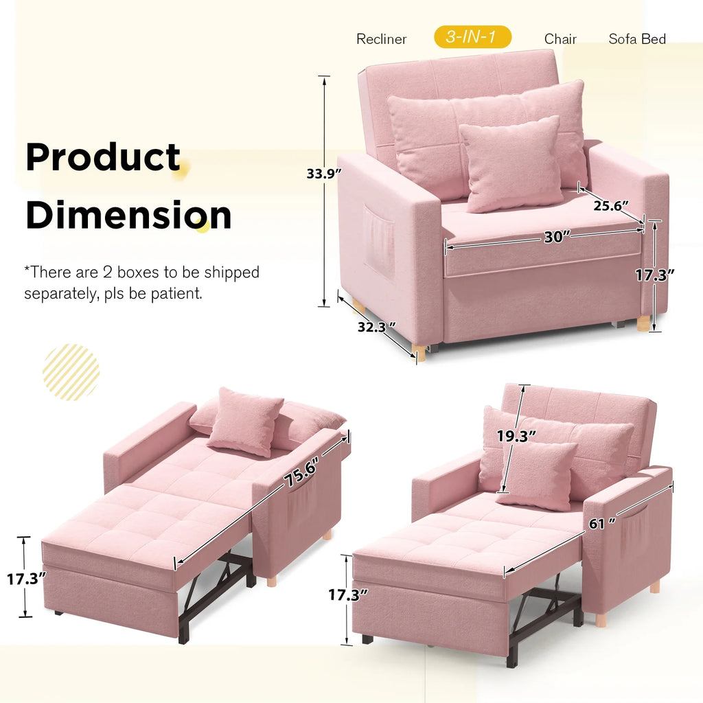 40 Inch 3-in-1 Convertible Sleeper Chair Bed Pink Linen Fabric L6845