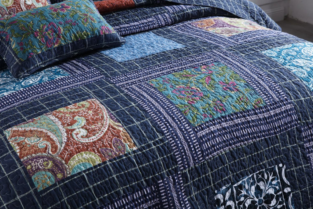 3-Piece Floral Cotton Patchwork Quilt Set Queen Navy Blue E743601