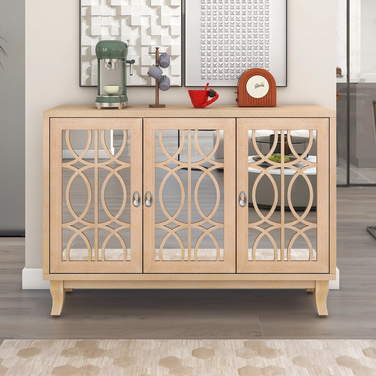 3 Door Mirrored Sideboard Buffet Cabinet with Silver Handle Natural Wood Wash Q160