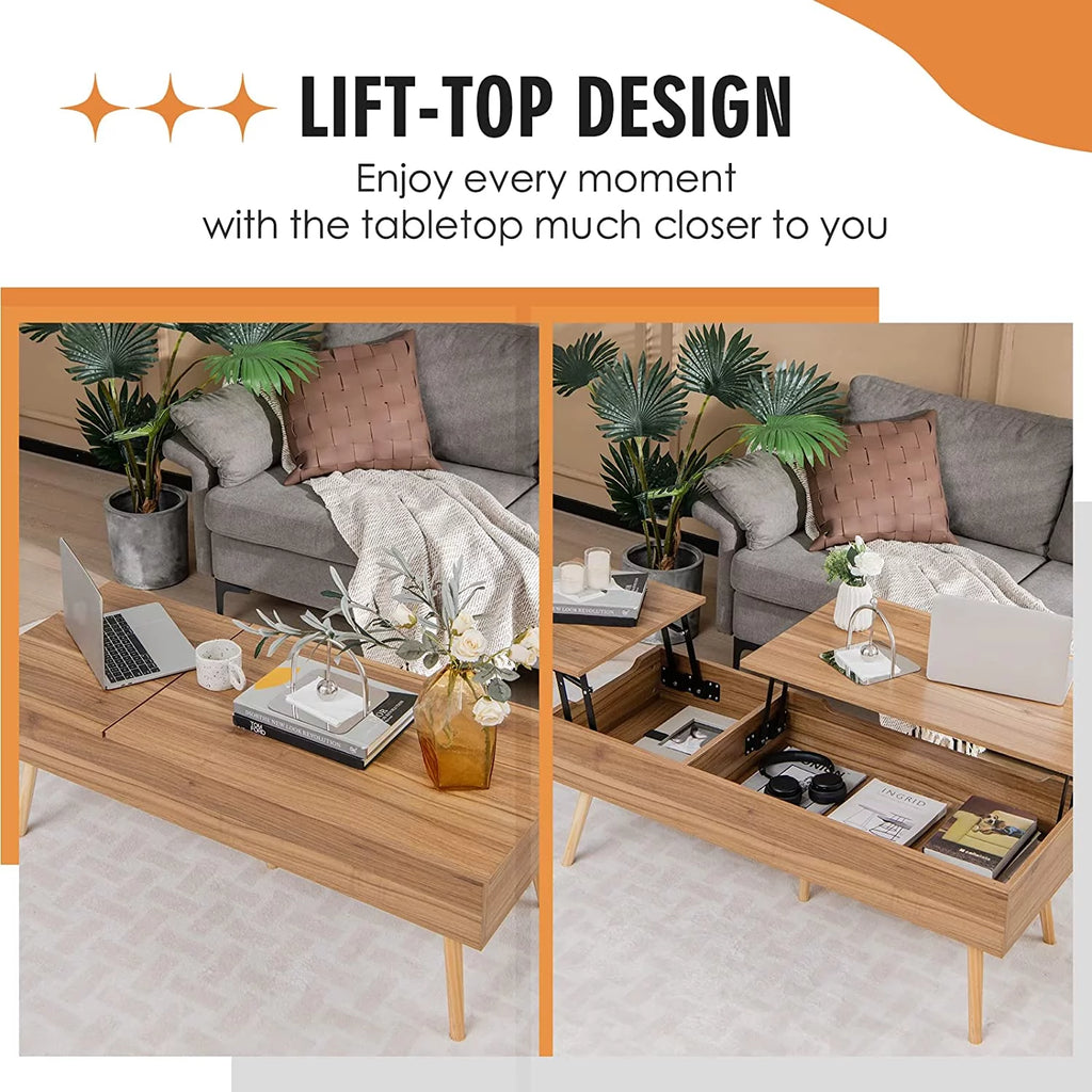 47 Inch Lift Top Coffee Table with Storage, Split Top, 2 Hidden Compartments & 5 Solid Wood Legs, Brown F56282