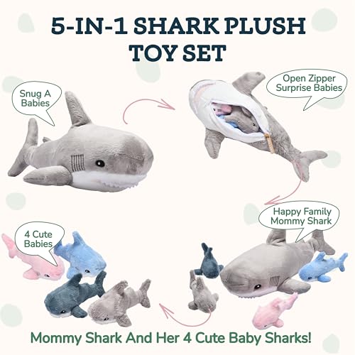 Large Multicolor Shark Stuffed Animal Plushie with 6 Mini Stuffed Toys K4399
