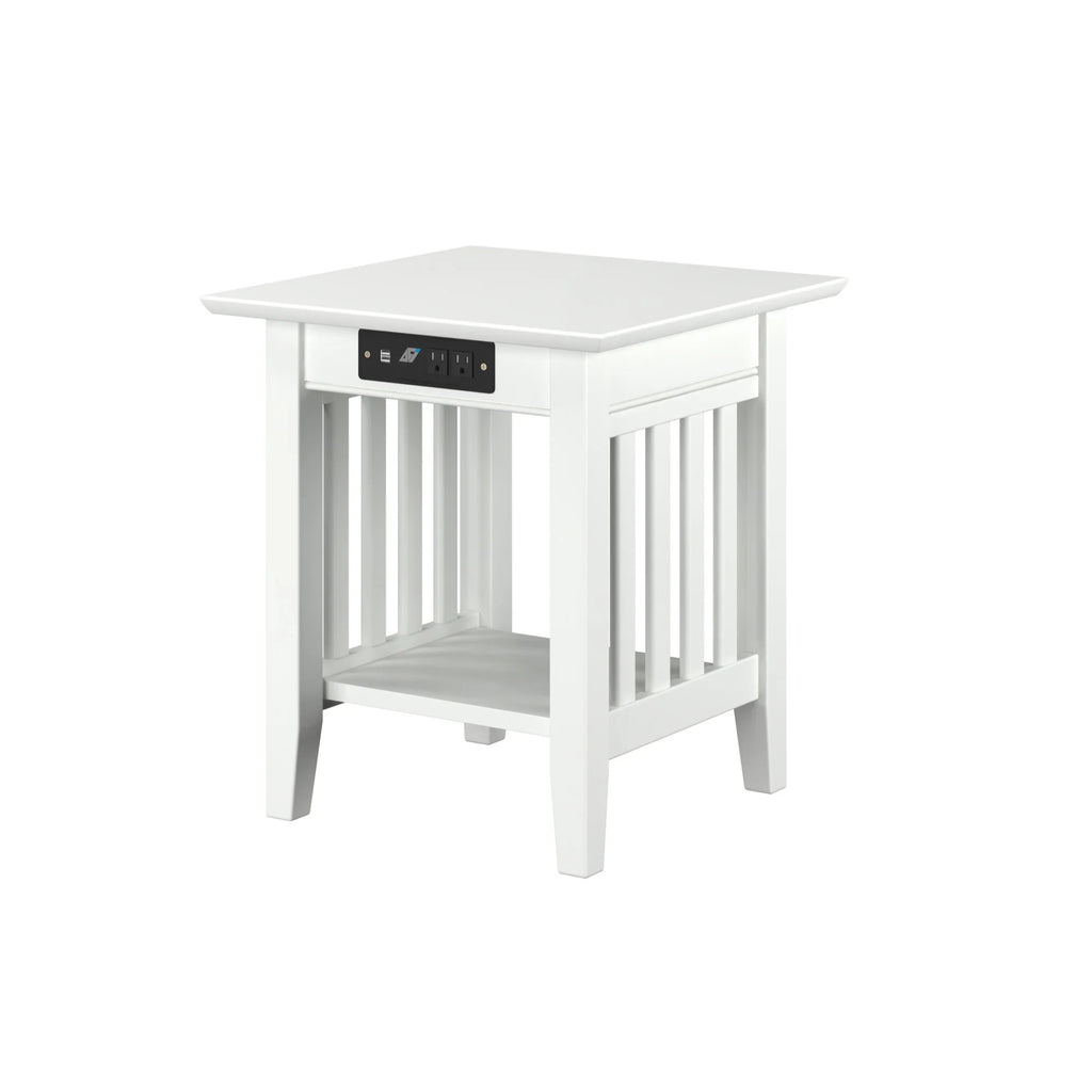 Solid Hardwood End Table with USB Charger Set of 2 White M3762