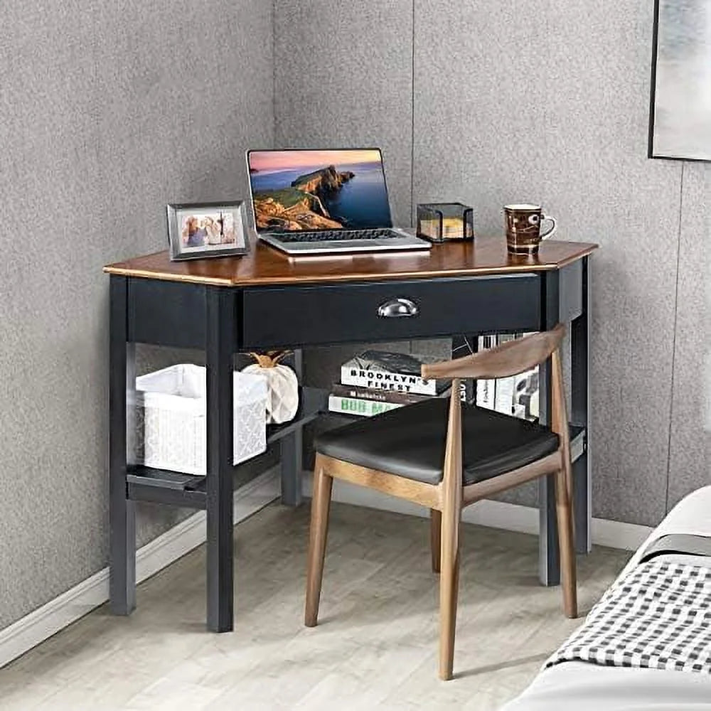 White Corner Desk with Drawer and Shelves Q48461