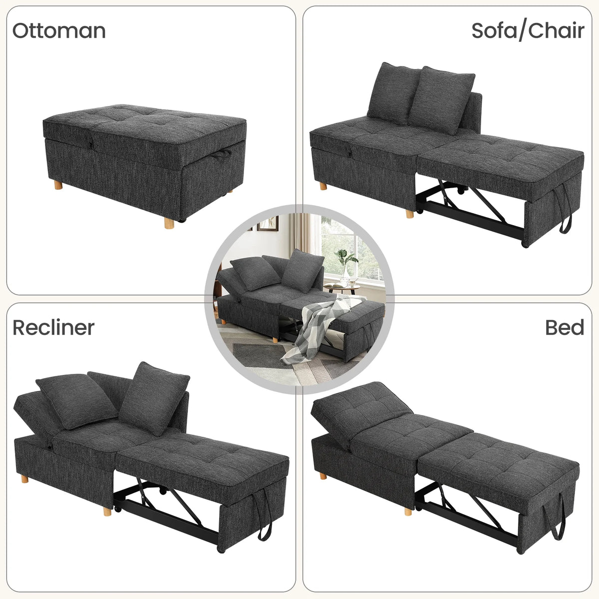 Black Convertible Sofa Bed Chair with 2 Pillows A35609