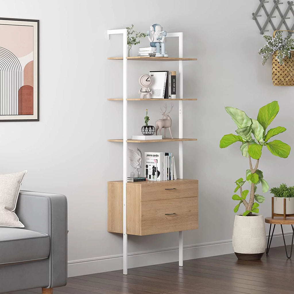 Wood Bookshelf with Drawers and Steel Frame Q8840
