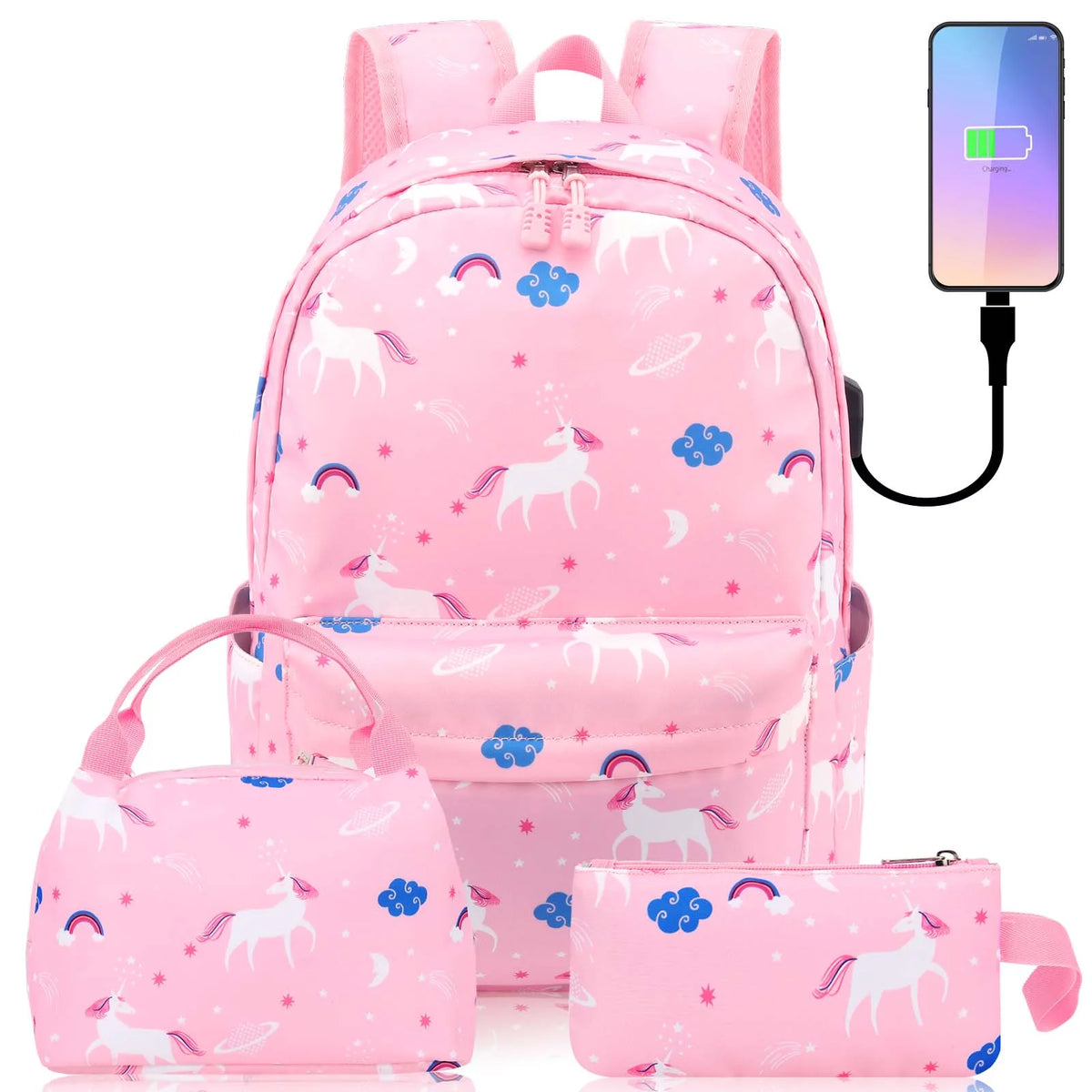 Pink Canvas School Backpack with USB Charging Port K687