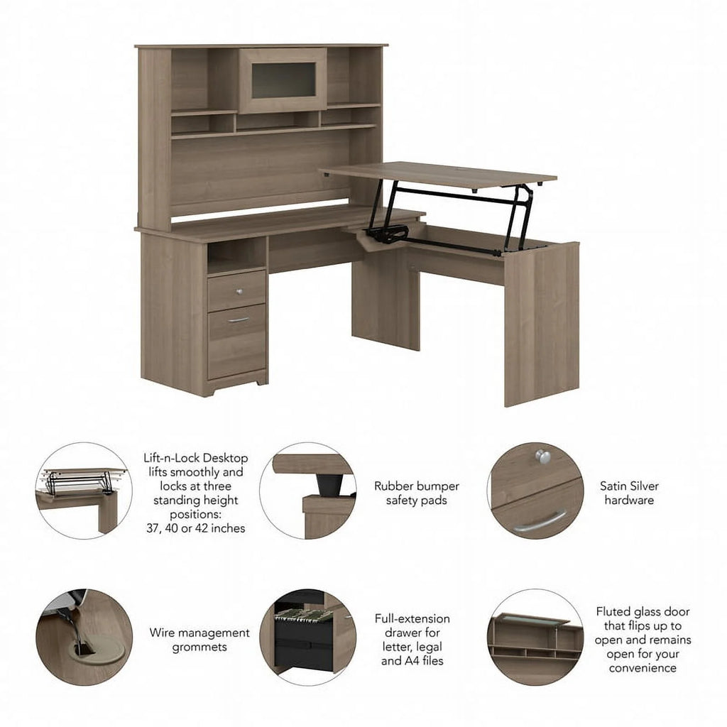 Ash Gray Engineered Wood Sit to Stand L Desk with Hutch T6784