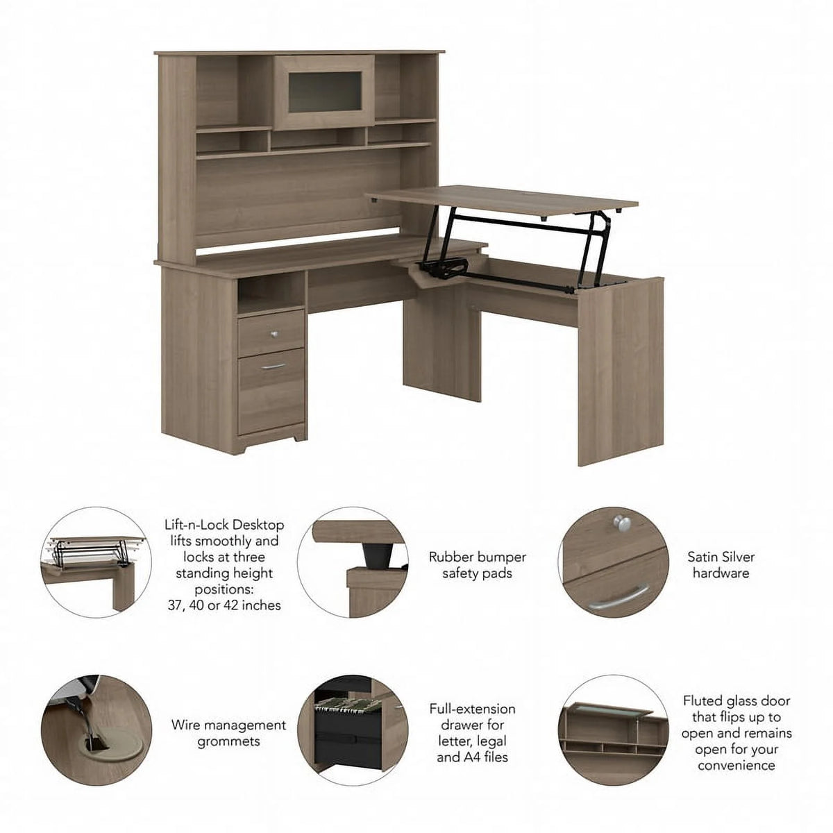 Ash Gray Engineered Wood Sit to Stand L Desk with Hutch T6784