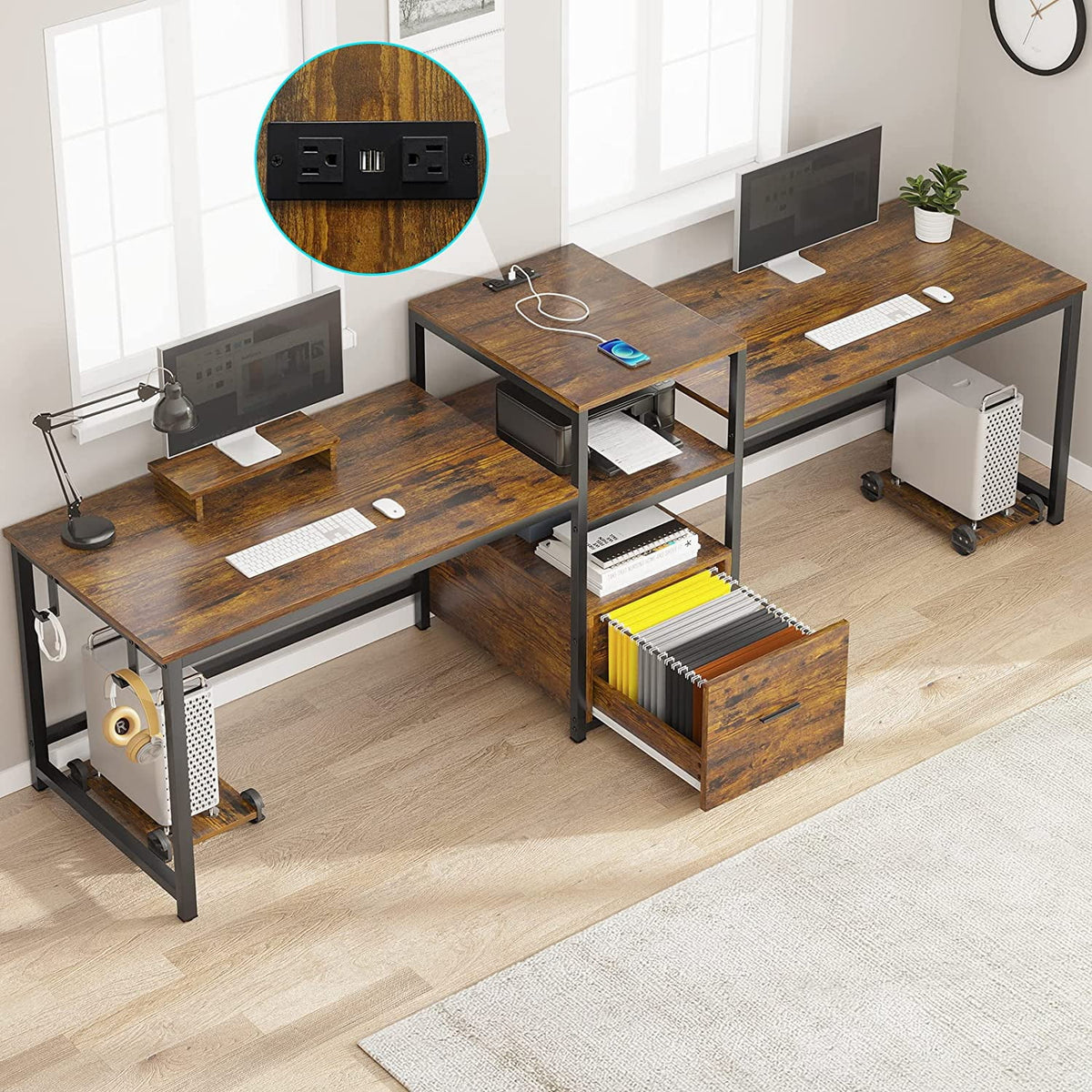 98" 2 Person Computer Desk with File Drawer & Power Strip H71257