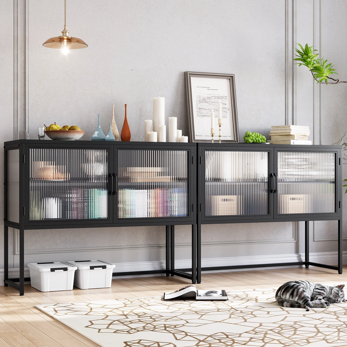 Black Fluted Glass Sideboard Storage Cabinet W198