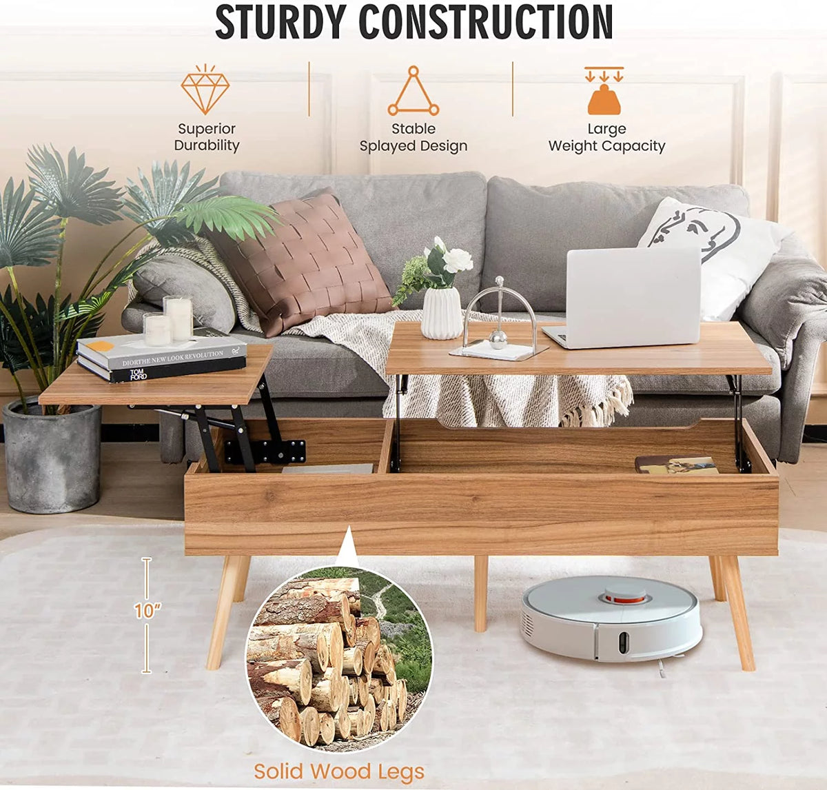 47 Inch Lift Top Coffee Table with Storage, Split Top, 2 Hidden Compartments & 5 Solid Wood Legs, Brown F56282