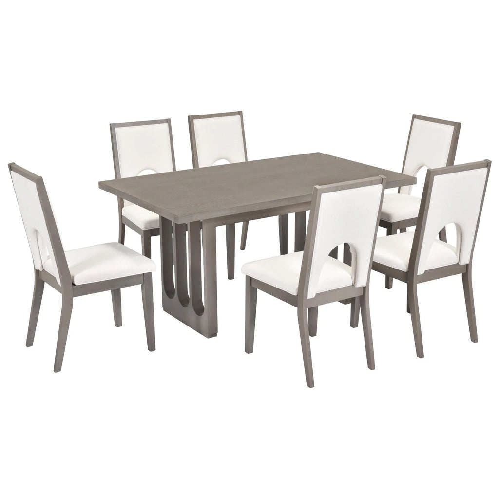 Wood 7 Piece Dining Table Set with 6 Beige Cushioned Chairs F410