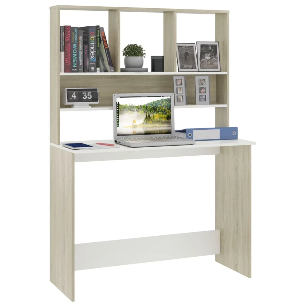 White and Sonoma Oak Engineered Wood Desk with Shelves X874579