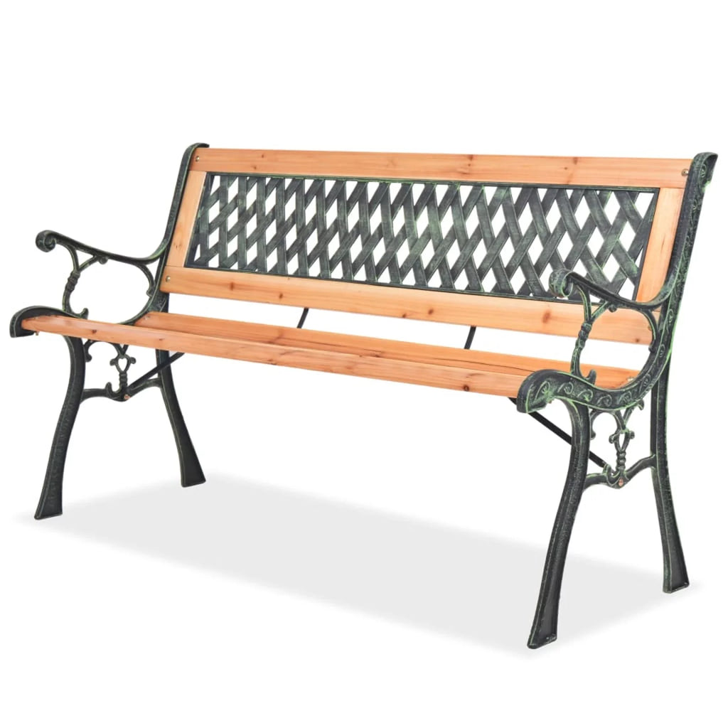 Outdoor Garden Bench with Backrest Wood Seat Wrought Iron Frame B19243