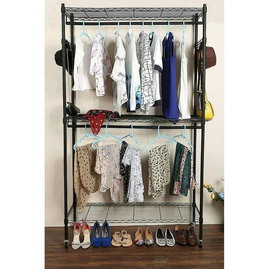 Portable Double Rod Garment Rack with Adjustable Shelves & Wheels Black I787