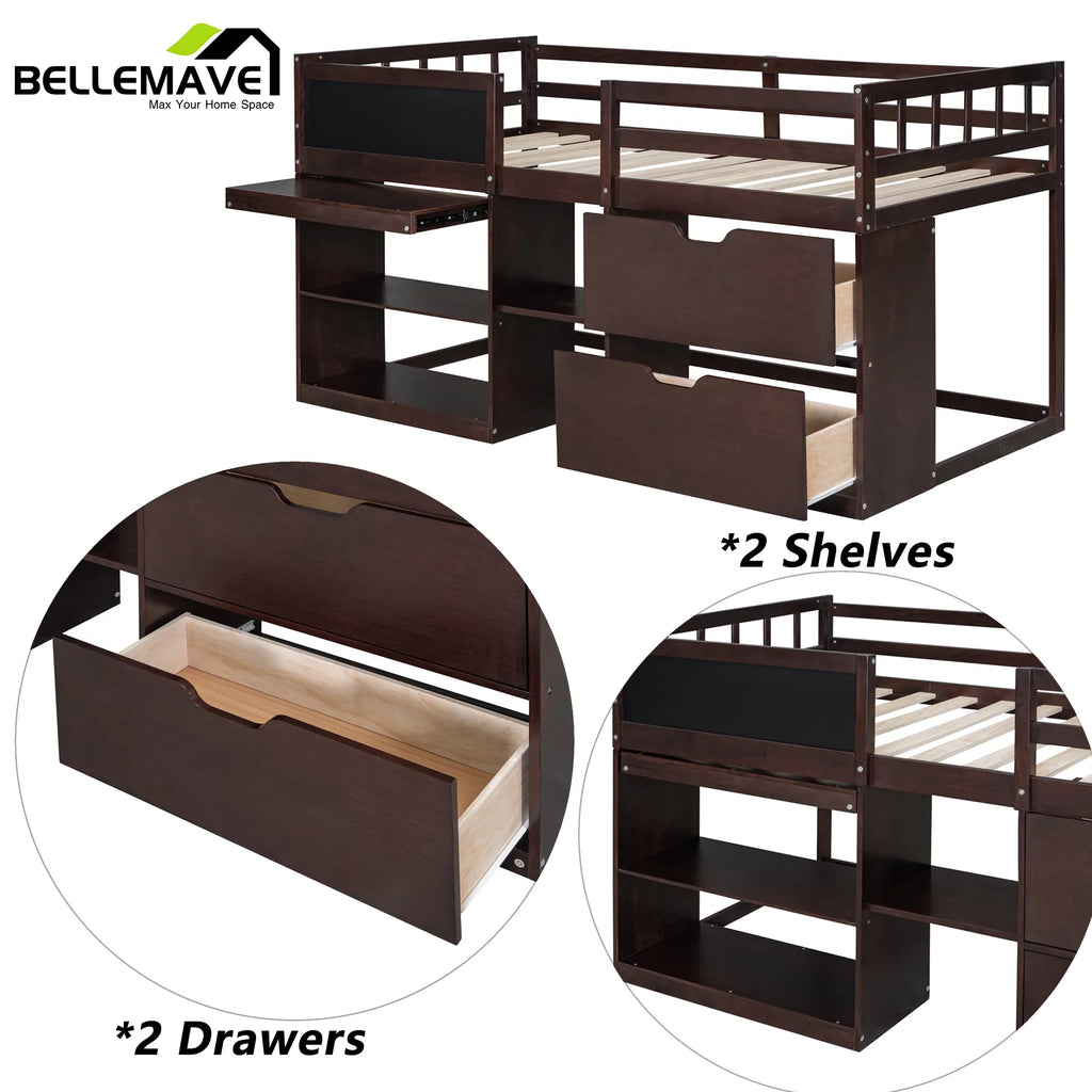 Twin Size Loft Bed with Rolling Desk, Storage Shelves and Chalkboard X658862