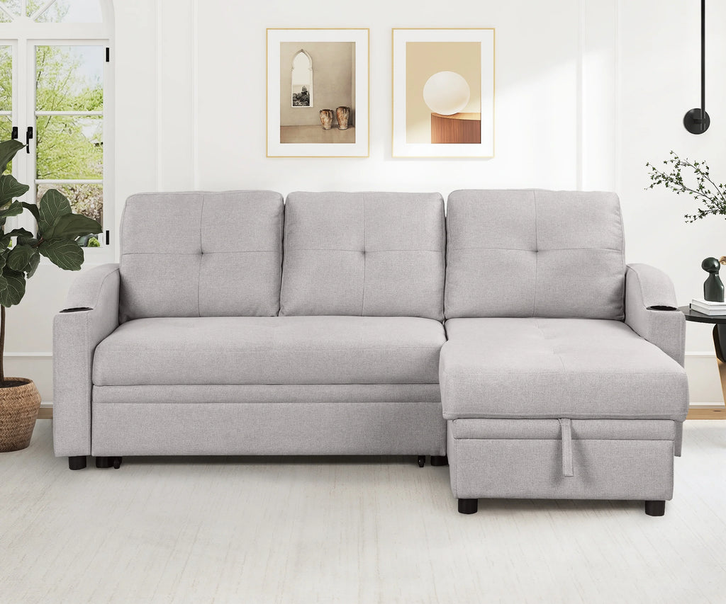 Gray Velvet L-Shape Sectional Sofa with Pull-Out Sleeper J887