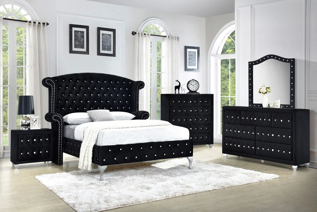 Black Velvet 4Pc Queen Size Bed Dresser Mirror Nightstand Set H8622
