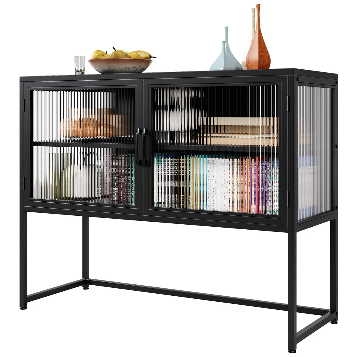 Black Fluted Glass Sideboard Storage Cabinet W198