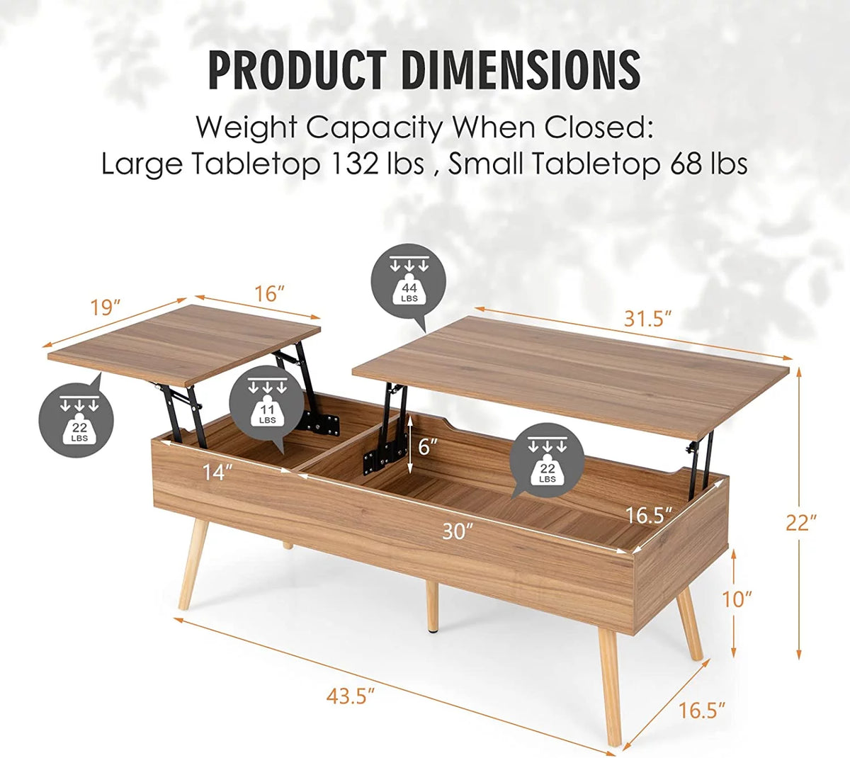 47 Inch Lift Top Coffee Table with Storage, Split Top, 2 Hidden Compartments & 5 Solid Wood Legs, Brown F56282