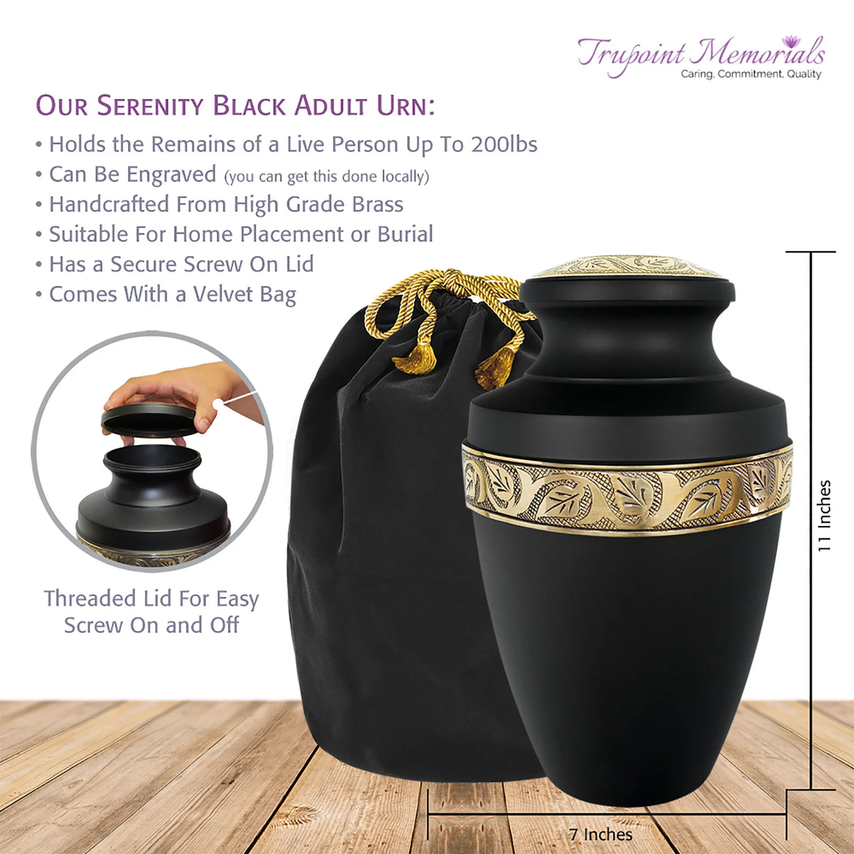 Black Large Adult Urn with Velvet Bag F84298