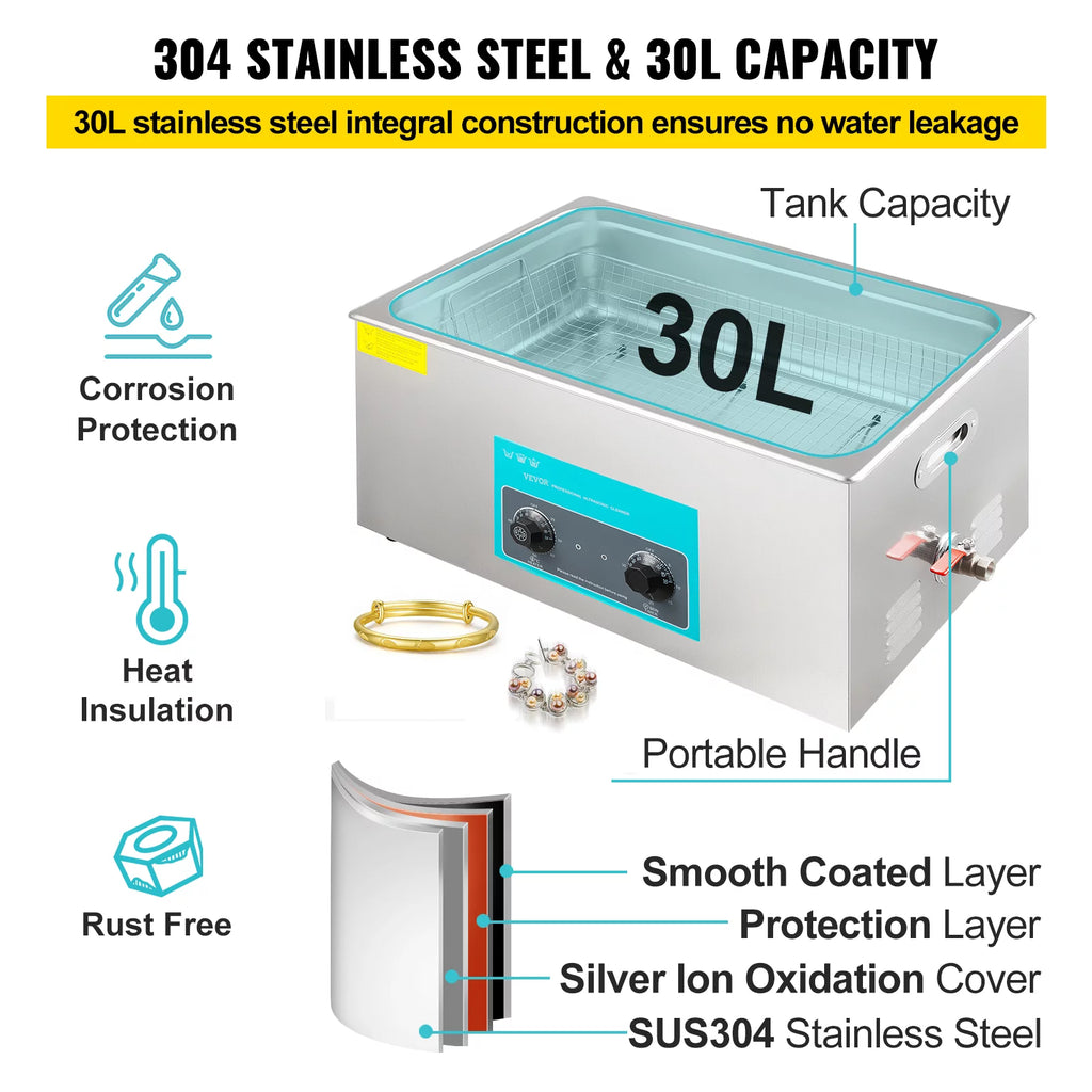 30L Ultrasonic Cleaner 304 Stainless Steel with Heater Timer D9095