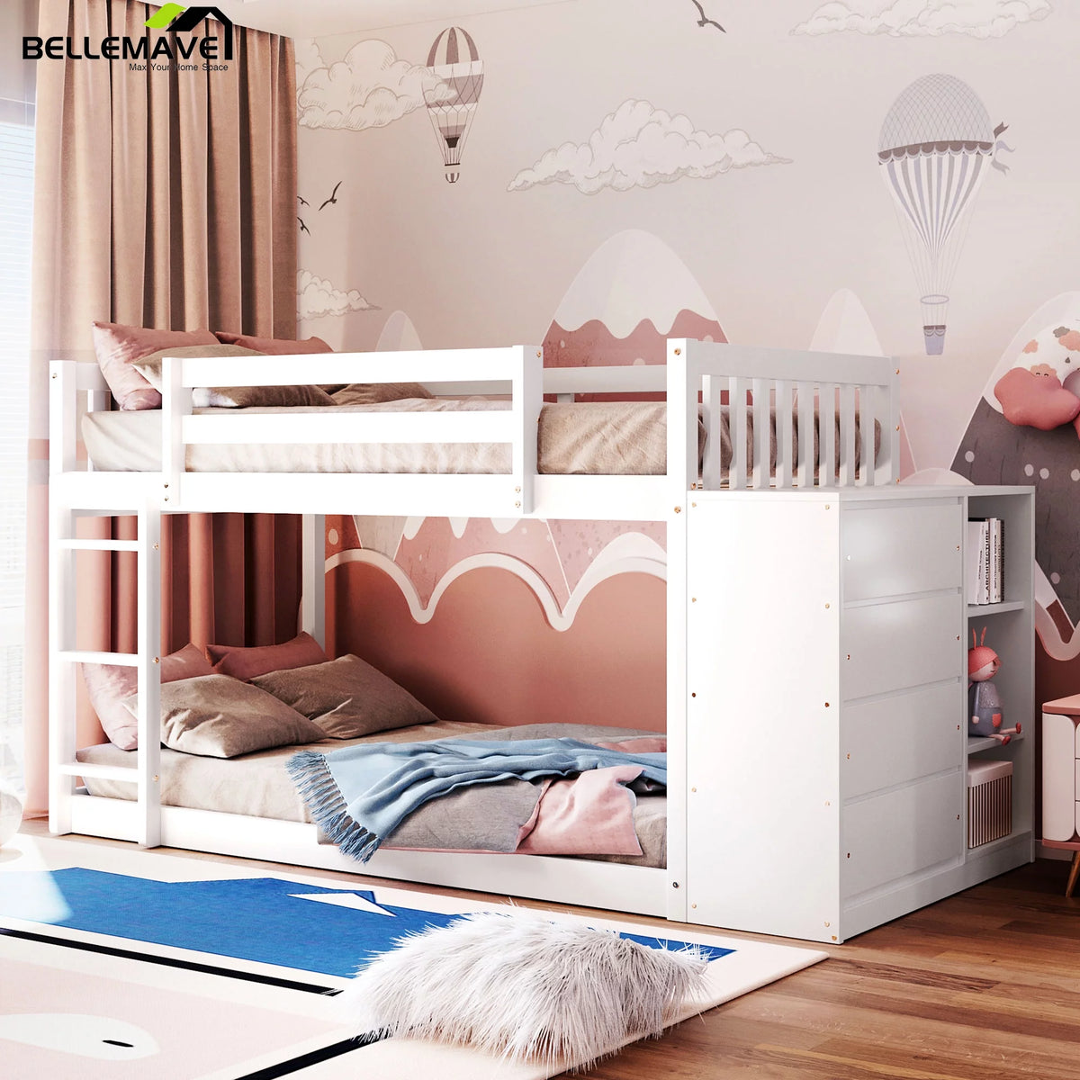 White Wood Twin Over Twin Bunk Bed with Storage U835