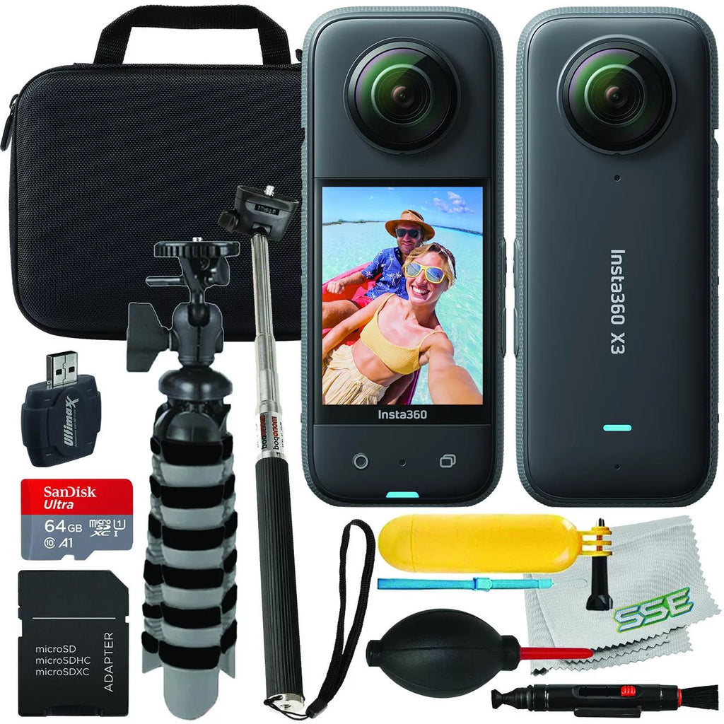 Insta360 ONE X3 Action Camera 64GB Memory Card Selfie Stick Tripod 14pc Bundle B91201