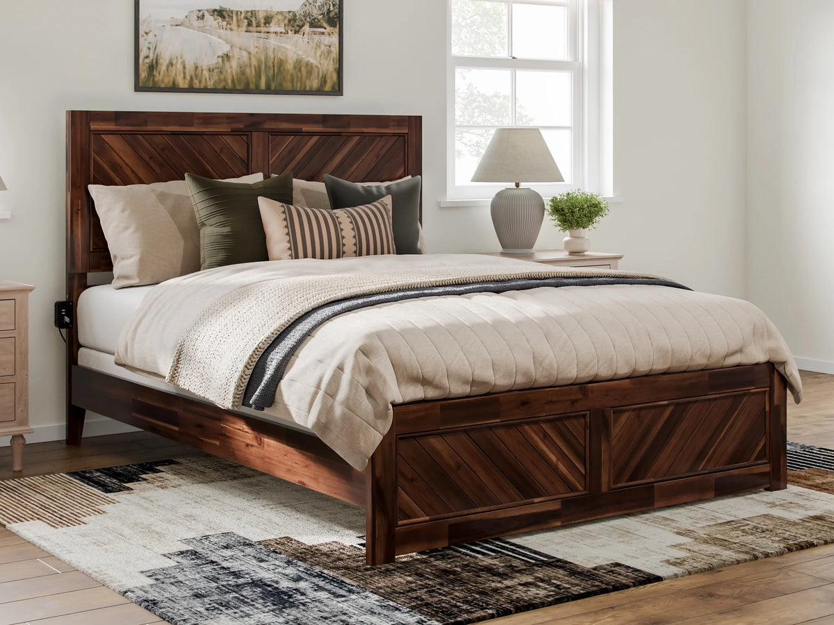 Queen Solid Wood Low Profile Platform Bed with Footboard, Walnut Y61264