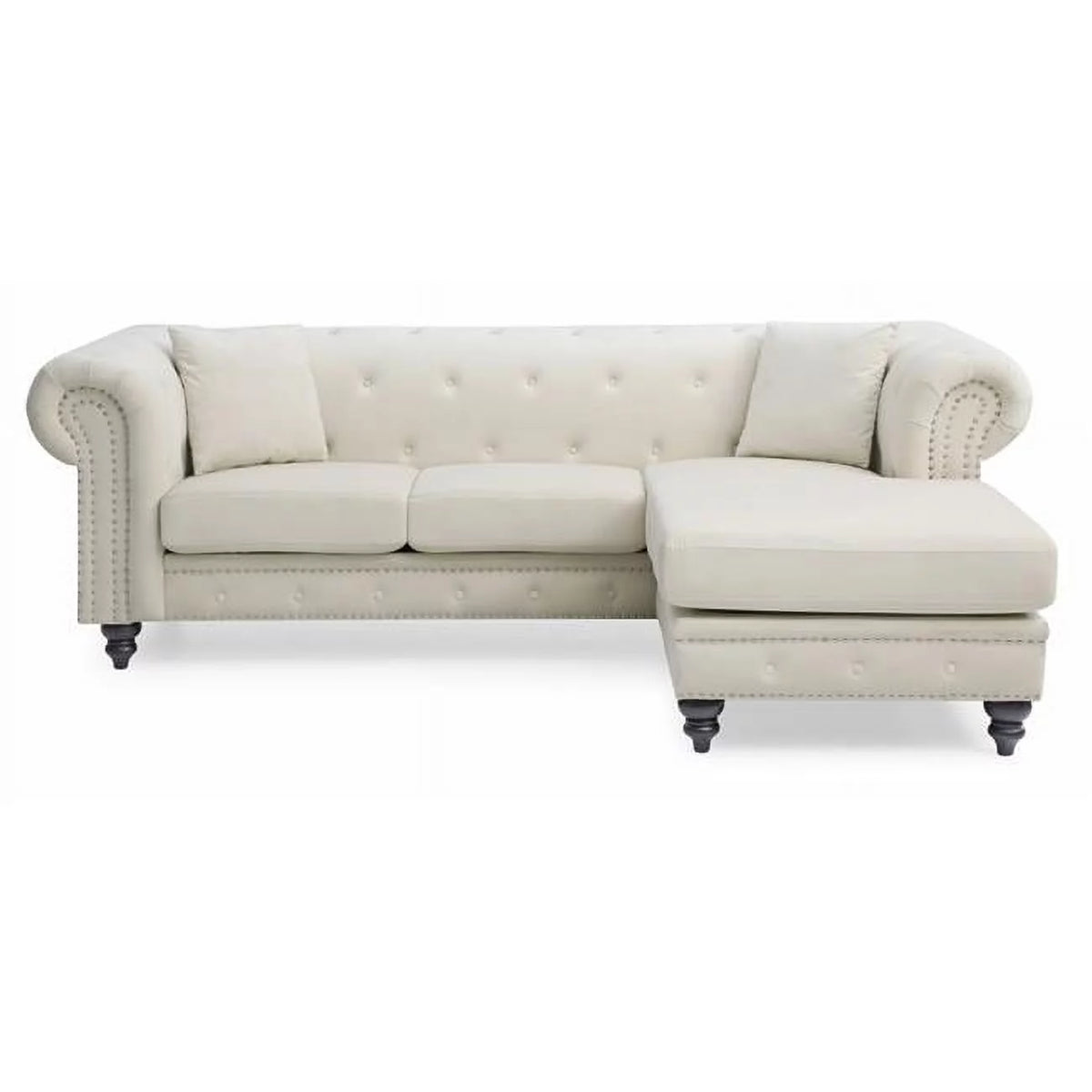 Ivory Velvet 3-Seater Sofa with 2 Throw Pillows Z88748
