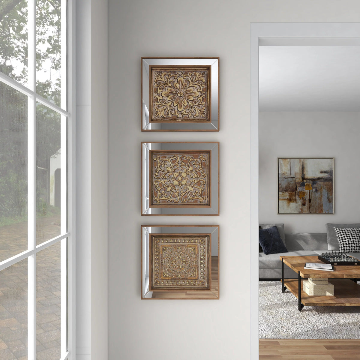 Gold Metal Floral Wall Decor with Mirror Panels 3 Count N470080