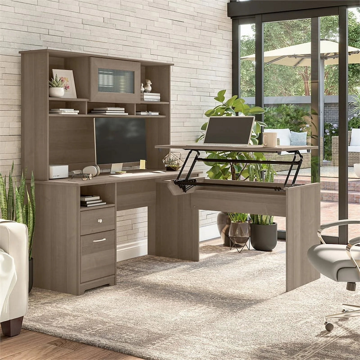 Ash Gray Engineered Wood Sit to Stand L Desk with Hutch T6784