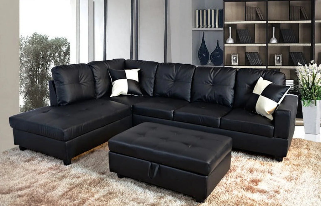 Black Left Facing Faux Leather Sectional Sofa with Ottoman M525
