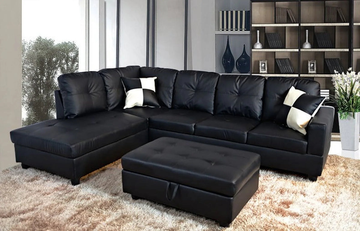 Black Left Facing Faux Leather Sectional Sofa with Ottoman M525
