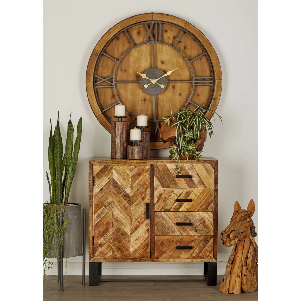Brown Mango Wood 4 Drawers 1 Shelf 1 Door Geometric Cabinet G20576