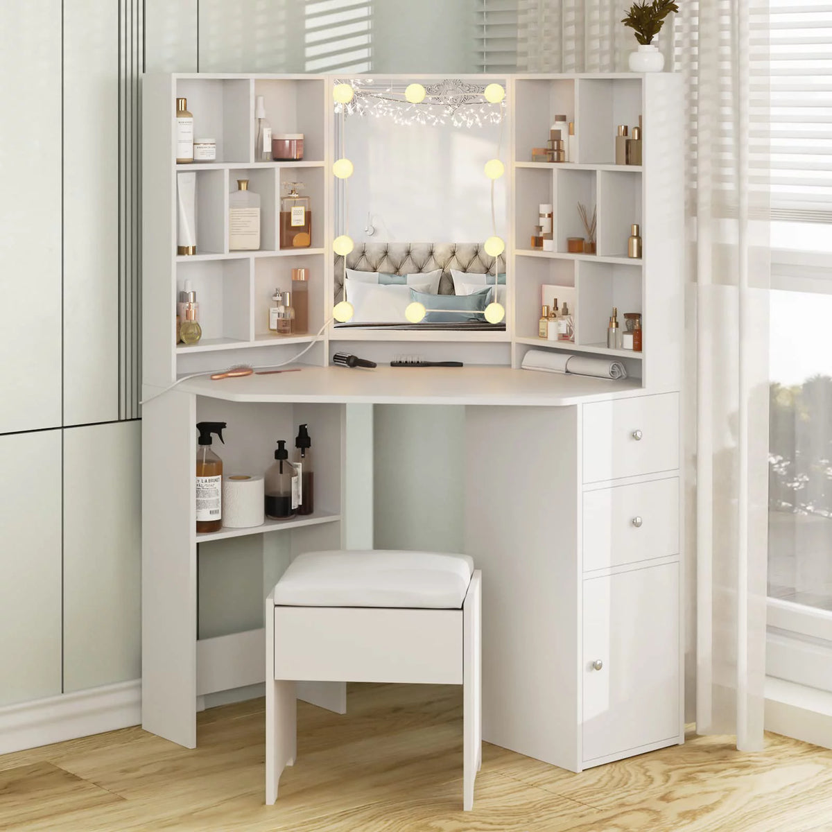 Corner Vanity Table Set with Lighted Mirror, Cushioned Stool, White H264