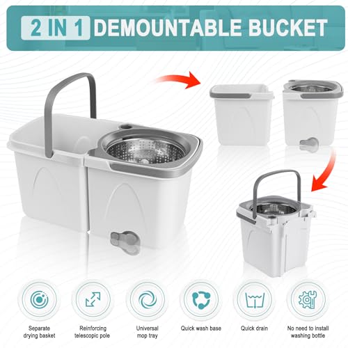 Spin Mop and Bucket with Wringer Set, 4 Reusable Microfiber Mop Pads M22338