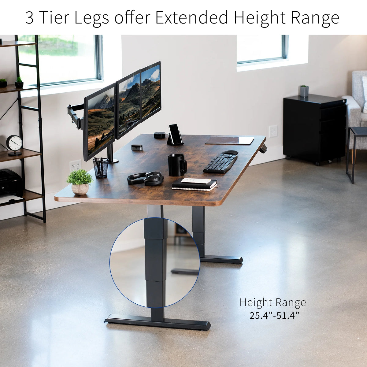 Electric 71”x36” Stand Up Desk, Rustic Vintage Brown Table Top, Black Frame E4320