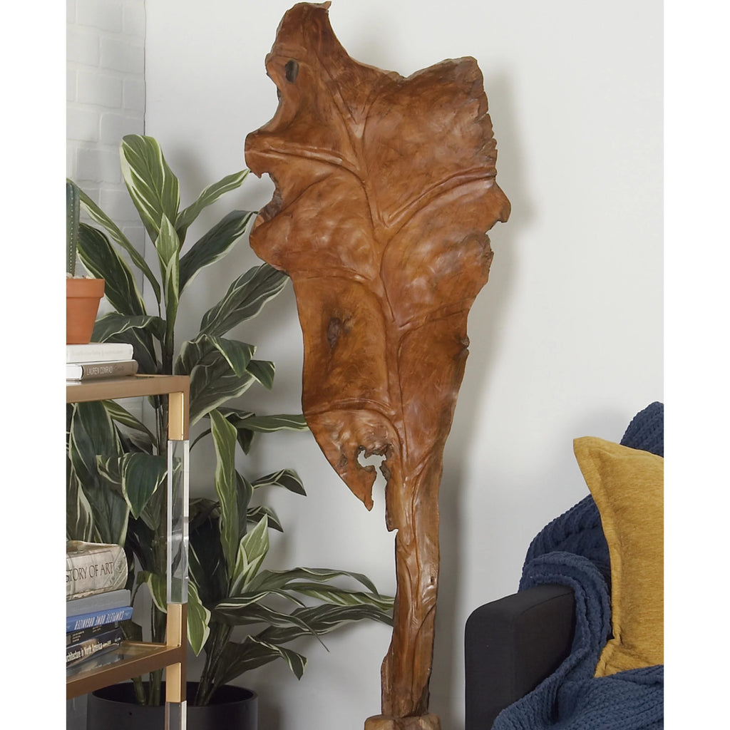 Brown Teak Wood Handmade Live Edge Leaf Sculpture P895