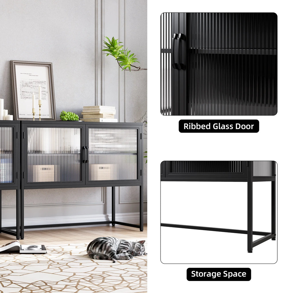 Black Fluted Glass Sideboard Storage Cabinet W198