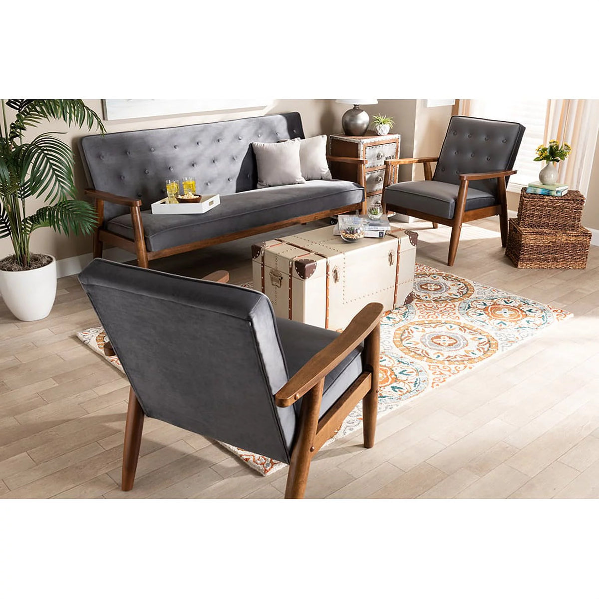 Grey Velvet 3-Piece Wooden Living Room Set O69814