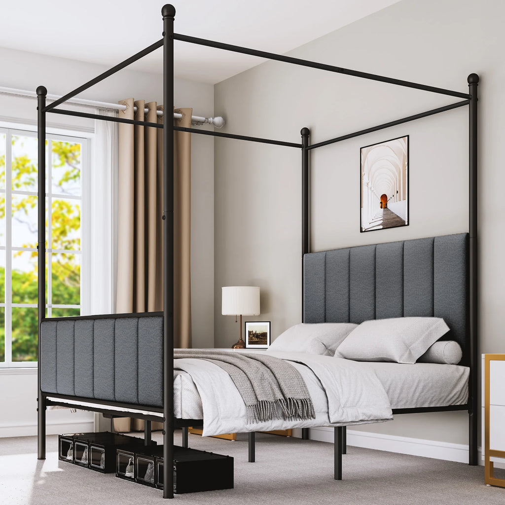 Queen Size Gray Metal Canopy Bed Frame with Headboard Z842685