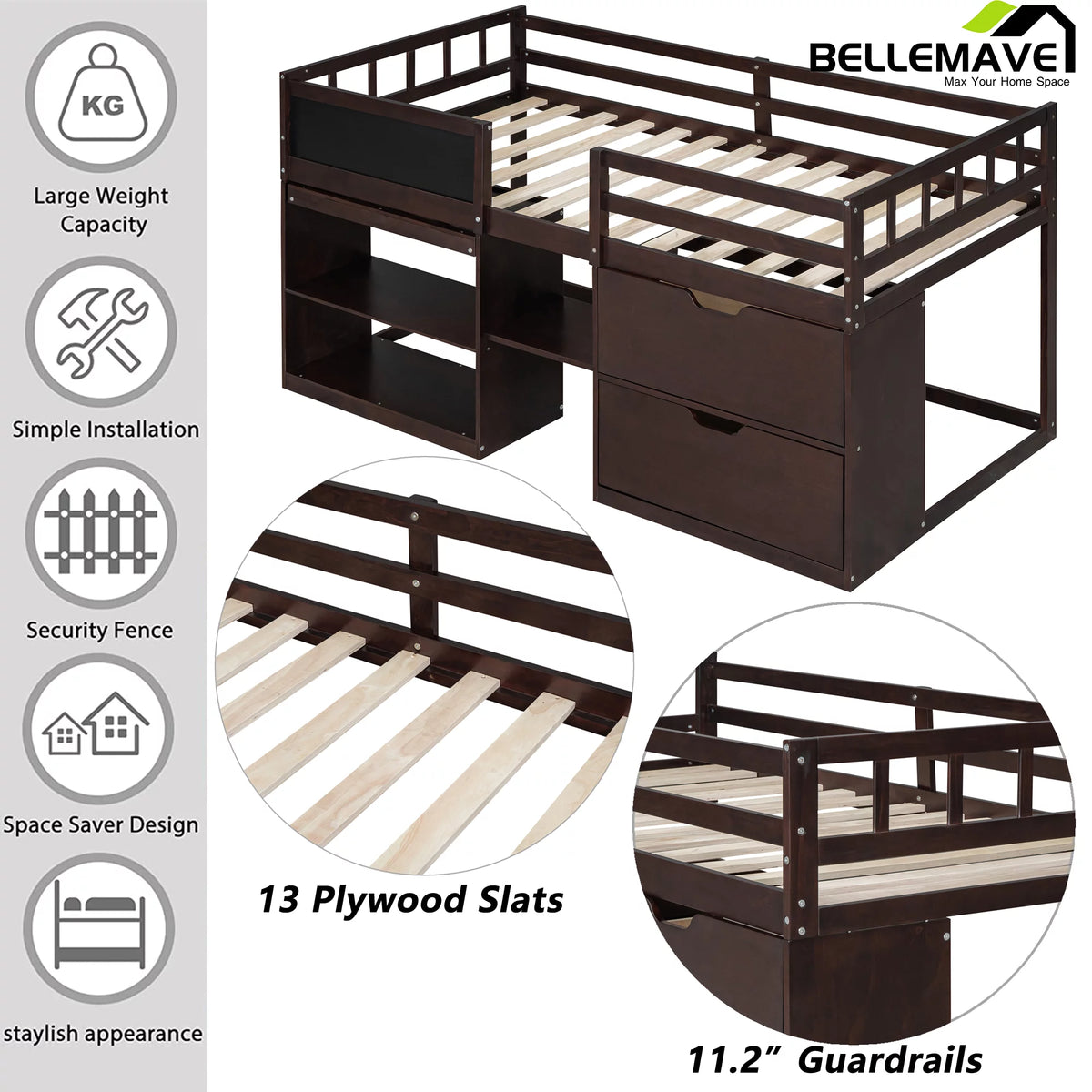 Twin Size Loft Bed with Rolling Desk, Storage Shelves and Chalkboard X658862