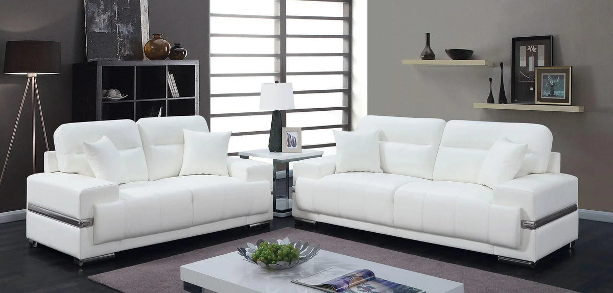 White & Chrome Leatherette Sofa and Loveseat P8634