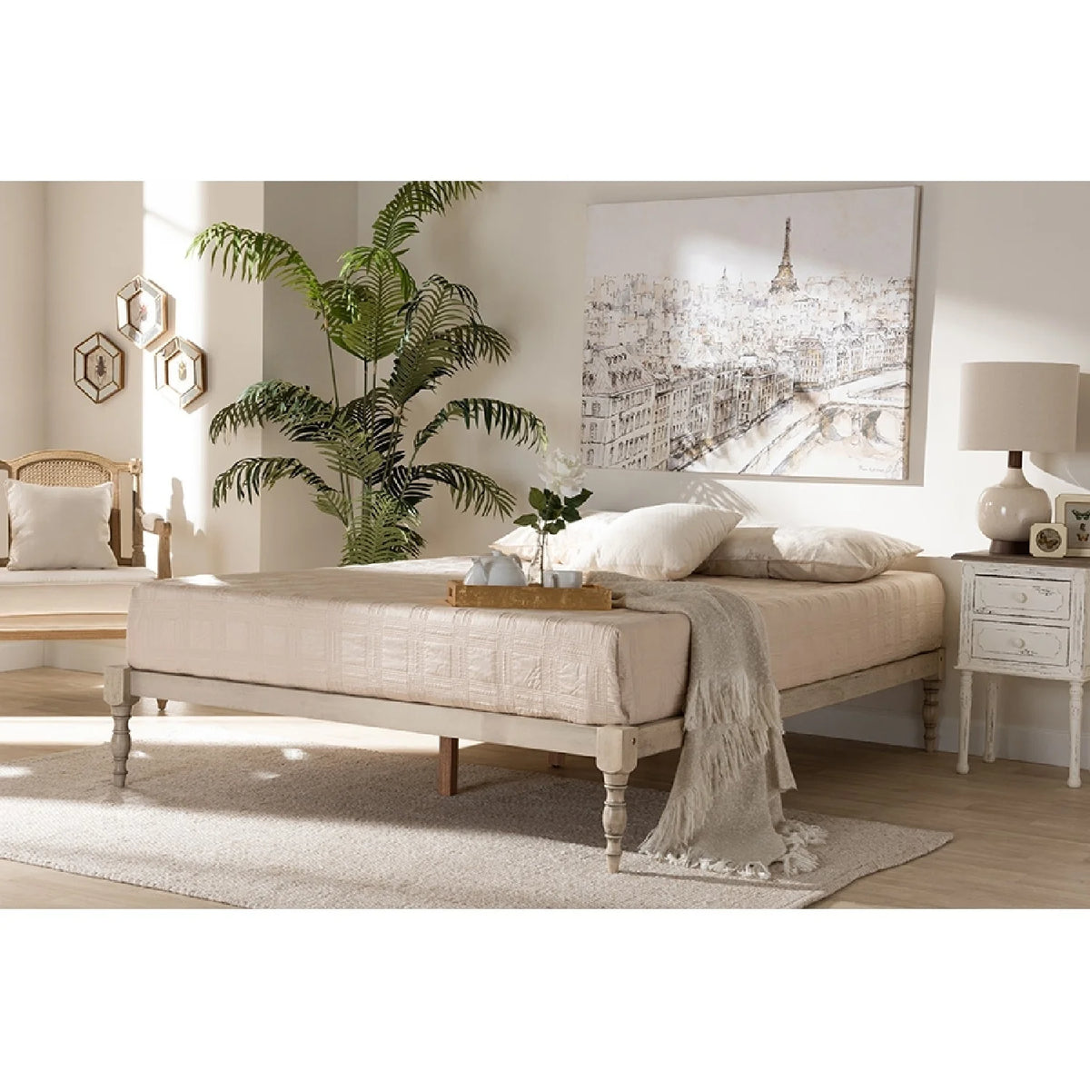 Antique White Wood King Size Platform Bed Frame Z897