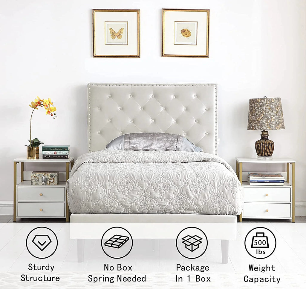 Beige Twin Upholstered Platform Bed Frame with Adjustable Headboard L174